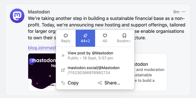 Screenshot of a context menu opened on a social media post. The context menu shows a lot of menu items, but one of them is the Boost/Quote menu/button which shows both boost count and quote count. It is shown as "44+2".