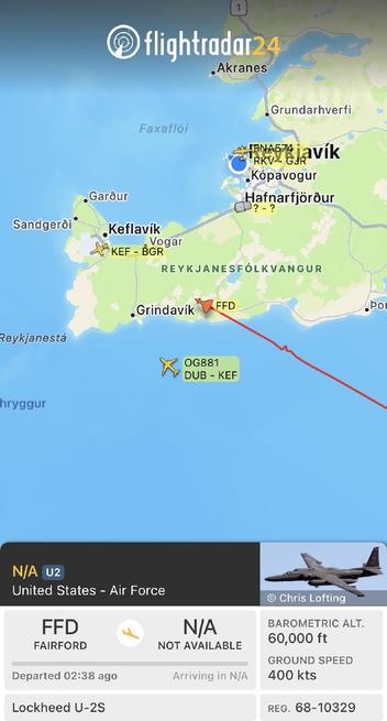 Screenshot from FlightRadar showing a U2 over Iceland 