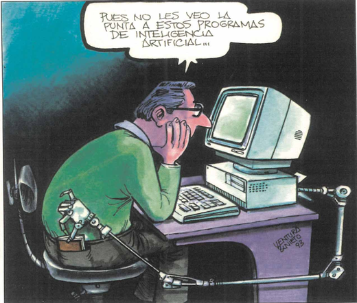 Viñeta en la que se ve un señor frente al ordenador diciendo: "Pues no les veo la punta a esoos programas de inteligencia artificial..." mientras que un brazo mecánico que sale del ordenador le saca la cartera del bolsillo a hurtadillas