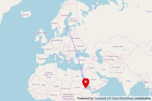 A map showing the great circle route from Eckerö in Finland to a map pin at كنيسة, تسني - أغوردات / Teseney - Ak'ordat, Akordat, Eritrea
