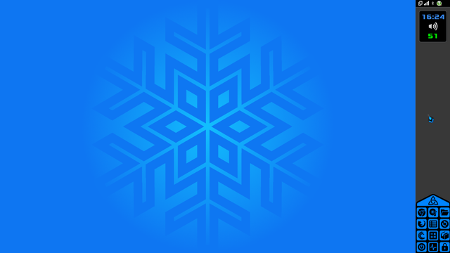 Fondo de escritorio en azul claro, con el dibujo de un copo de nieve visto al microscopio en el centro, un panel en el margen derecho con los iconos de inicio de los programas en el mismo tono de azul, un reloj, área de notificación y sensores de temperatura.