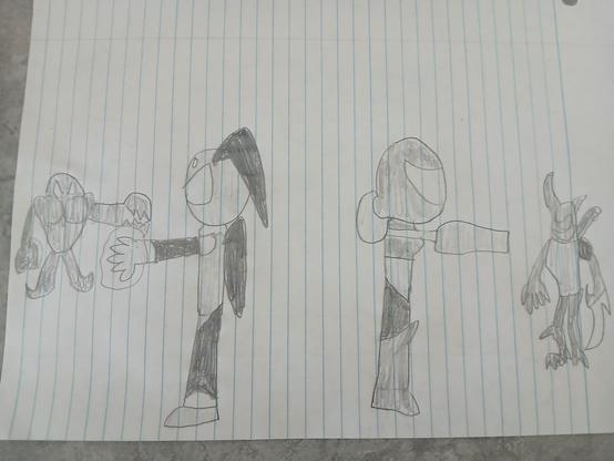 A pencil drawing on lined paper depicting Samus Aran in her power suit and what appears to be a robot rabbit standing back-to-back as they fight Space Pirates.