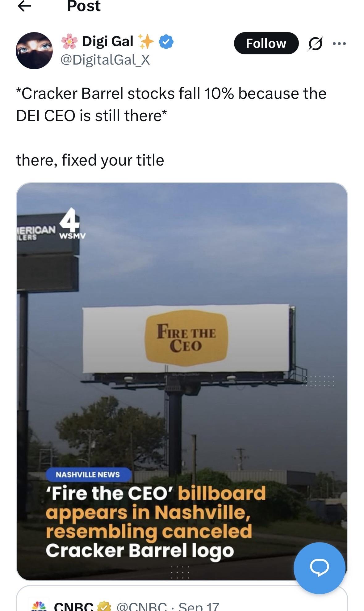 A billboard in Nashville displays the message "FIRE THE CEO," resembling the Cracker Barrel logo. The image includes a news overlay mentioning a 10% fall in Cracker Barrel stocks due to the DEI CEO's presence.