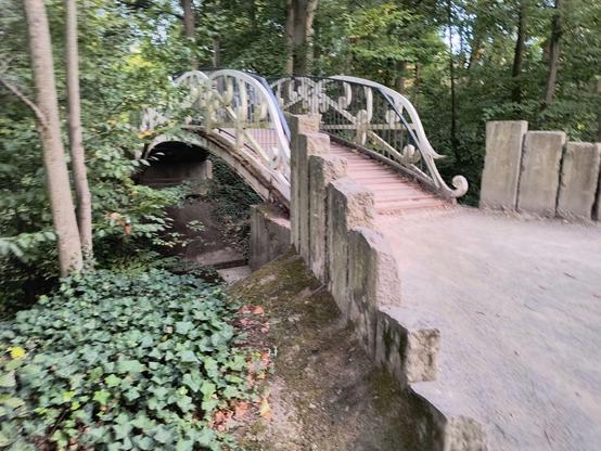 Zu sehen ist eine  geschwungene, gemauerte Brücke über den Wassergraben des Schlosses. Sie hat an beiden Seiten kräftige weiße geschwungene und verzierte Geländer