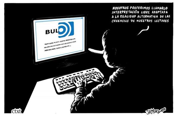 En la ilustración, de J. R. Mora y titulada Bulo digital, se ve a un hombre con nariz de Pinocho escribiendo esto en un ordenador: "Nosotros preferimos llamarlo interpretación libre adaptada a la realidad alternativa de las creencias de nuestros lectores".