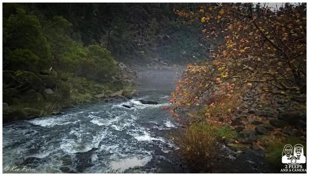 A fast flowing river cuts through dense forest, its white water tumbling over rocks and sending mist into the air.

On the right, a tree with autumn coloured leaves hints at seasonal change. The background is filled with tall, shadowed trees on a hillside, creating a lush, layered canopy.

The mist adds a serene, mystical atmosphere to the scene. A watermark in the bottom left reads “© Kev Peirce,” and the bottom right features the “2 Peeps and a Camera” logo with cartoon illustrations of two people and a camera.