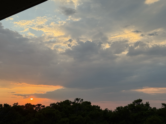 Orange sun, colorful clouds, dark tree line. 
