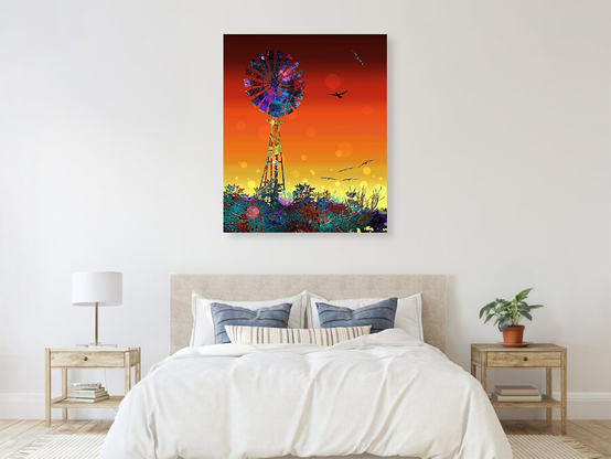 Wall mounted canvas print of Rural Life An Artist View Of The World by Joan Stratton - paintingsbyjoan.com in a bedroom setting.
A new day dawns with a warning red sky, the kind that stirs old farmer wisdom and sets the birds fluttering from their roosts. The windmill hums to life as the breeze strengthens, its blades catching the first golden light as colour spills across the land like a waking dream.
This is rural life through my artist’s eye - Life on the land, always full of colour, not quiet or quaint, but bold, whimsical, and full of movement.
The garden bursts in blues, purples, and reds, tangled with joy and rhythm. Mechanical meets magical in this expressive landscape, where the ordinary becomes extraordinary and the sunrise feels like a celebration.
I created this piece using my Ether Art technique — hand-drawn digitally from a blank canvas, blending abstract shapes with vibrant colour and storytelling.
Rural Life An Artist View Of The World is perfect for lovers of countryside charm, surreal landscapes, and joyful design. Available across fine art prints, canvases, puzzles, apparel, and home décor.
Explore more expressive artworks of Farm life in my gallery at;
https://joan-stratton.pixels.com/collections/farm+life