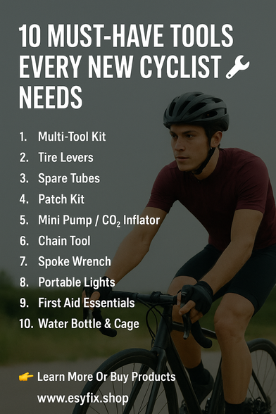 New to cycling? 🚴
Here are 10 must-have tools you should ALWAYS carry:
🔧 Multi-tool
🛞 Tire levers & spare tube
🩹 Patch kit
💨 Mini pump/CO₂ inflator
⛓️ Chain tool
🔦 Lights
🥤 Water bottle & more!

👉 www.esyfix.shop

#CyclingTips #BikeTools #EverydayCarry