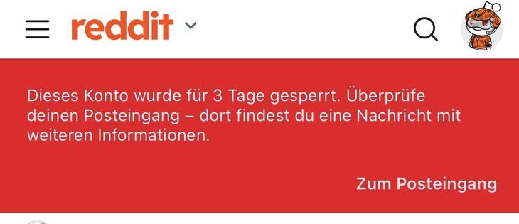 Konto für 3 Tage gesperrt, Mitteilung auf Reddit, Nachricht mit weiteren Informationen.