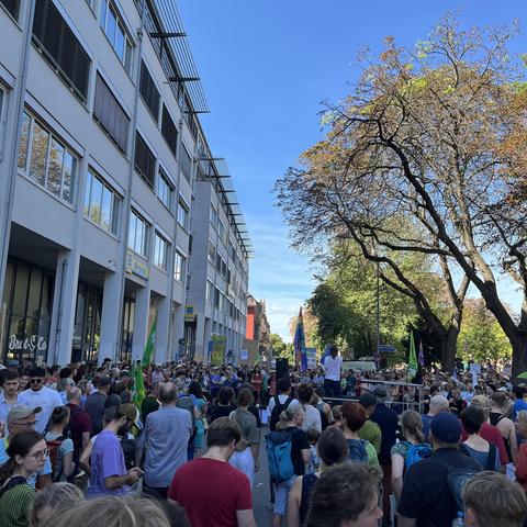 Links Gebäude, rechts ein herbstlicher Baum, dazwischen eine Menge Menschen mit Fahnen und Schildern.