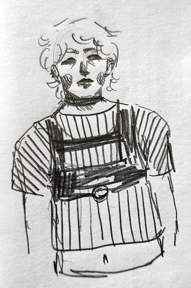 Pencil sketch
Someone with short hair, a stripped t-shirt and a harness on it