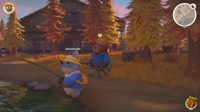 Foto del juego. Se ve un bosque con la luz del atardecer (o amanecer).
Un oso con gabardina azul y sombrrero amarillo está sentado en una silla de tela, supervisando la pesca de una coneja que, curiosamente, está también conjuntada (uniforme de colegiala azul y sombrero amarillo).
Es una estampa muy cuqui.