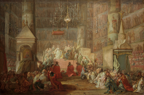 Large 18th-century oil painting by Stefano Torelli showing the coronation of Catherine II of Russia. The scene unfolds inside a vast cathedral-like hall with soaring arches and tall windows that let in dramatic shafts of light. Catherine, richly dressed in a voluminous sage green gown with gold embroidery, stands at the centre of the composition, illuminated as if chosen by the light itself. Around her, noblemen in silks and clerics in ceremonial robes form a semi-circle, their gazes directed at the empress. Multiple pewter chandeliers glimmer overhead, catching the daylight. Rows of courtiers, dignitaries, and guests fill the space, emphasizing the grandeur and importance of the moment. The overall impression is one of theatre, splendour, and imperial authority.