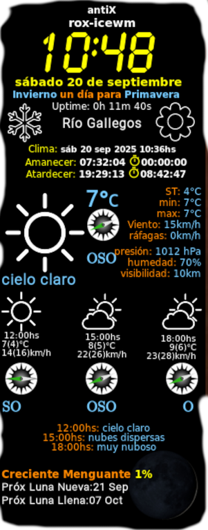 1 (un) día para la primavera 🙌🏻🌞🐝🪻🌸🌼

La primavera esta cerca en Río Gallegos: 

amanecer 🌅 07:32
atardecer  🌄 19:29 

🕛 Mi Conky brilla con horas_luz.sh, cronometrando cada segundo con estilo gracias a Material Design Icons. 

🖥️ ¡Vive la primavera patagónica! 🙌🏻🌸

#antiX
#openweathermap
#bash
#Conky
#nerding
#countdown
#weather 🥶 
#clima
#compass
#brújula  
#RíoGallegos 
#primavera 🐝
#spring 🌼


🚴‍♂️ Pruébalo: https://github.com/DrCalambre/OpenWeatherMap-wather-conky-master