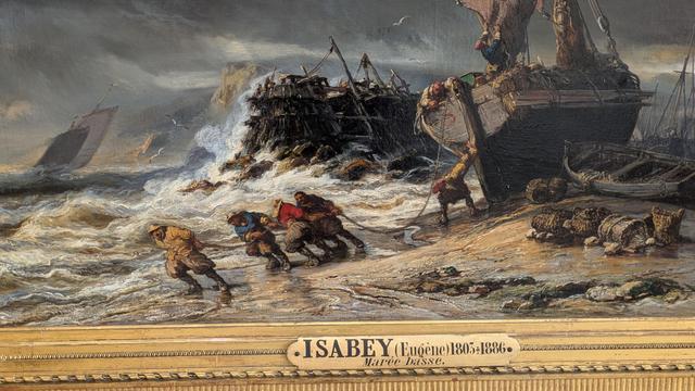 Tableau de Eugène Isabey ou 4 hommes semblent faire un grand effort pour tirer un bateau vers la mer. Mais l'aussière est à peine tendue.