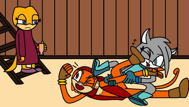 MS Paint drawing of three Sonic OCs, in a Draw The Squad: a short, yellow gecko girl in a nightgown and slippers, holding a small mug in her left hand, looking exhausted at an orange monkey in a red vest, bandana around his neck and bandana around his head, fighting with a grey chinchilla, with two toned turquoise vest, gloves and boots, on the ground. The monkey is greeting, despite having a heel pressed against his head, while the chinchilla has a boot pressed against her cheek, as she pulls on the monkeys left arm, while he's waving with his right.
The background is a light brown vertical wood planks, with a dark brown one between the wall and floor, while the floor is a cream color. The stairs are a dark brown.