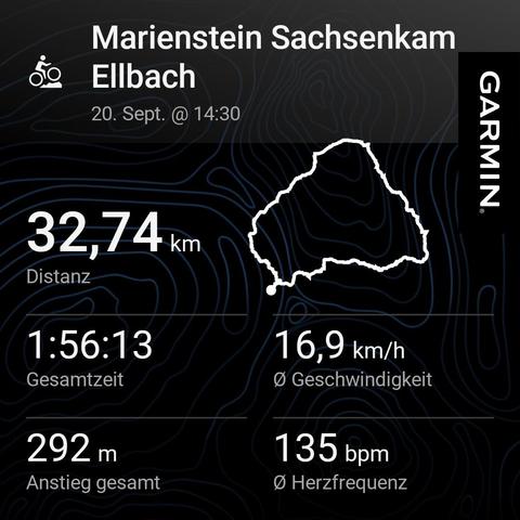 A detailed Garmin activity summary showing a rewarding 32.74 km bike ride around Marienstein Sachsenkam and Ellbach. The ride, completed on September 20th, took 1 hour, 56 minutes, and 13 seconds at an average speed of 16.9 km/h. The route included a total ascent of 292 meters, with an average heart rate of 135 bpm, reflecting an enjoyable and active outdoor adventure.