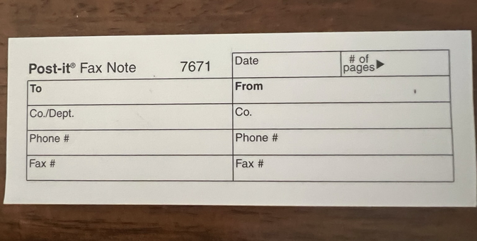 Photo of a stick-on Post-it header note to be placed atop a page to be faxed.