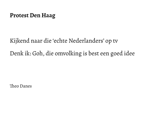 Protest Den Haag  Kijkend naar die ‘echte Nederlanders’ op tv Denk ik: Goh, die omvolking is best een goed idee    Theo Danes  