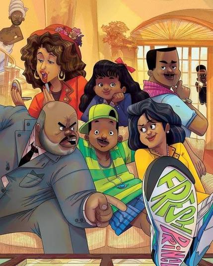 Cartoon version of Fresh Prince of Bel Air principal charcaters excluding Geoffrey and the original Vivian