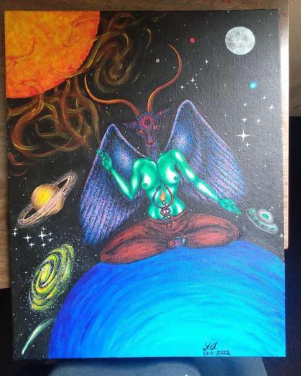 An acrylic painting from 2022 of an alien-green Baphomet in space, sitting on a blue planet, planets in the distance along with a galaxy, a meteor, a UFO, constellations and the sun in the background. Title is As Above, So Below.