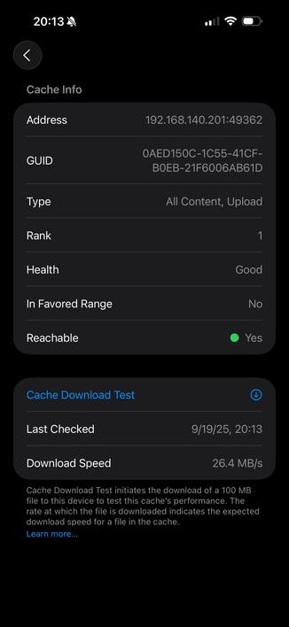 Screenshot of cache info and download test results, showing IP address, GUID, health status, and download speed of 26.4 MB/s.