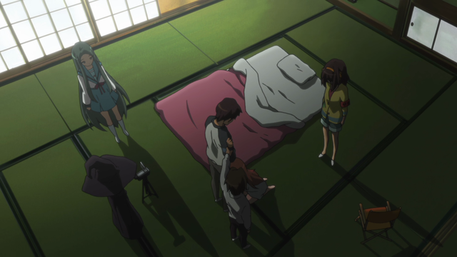 A room where characters are sitting in various places around a room. There's tension in the scene as Haruhi and Kyon are verbally fighting.