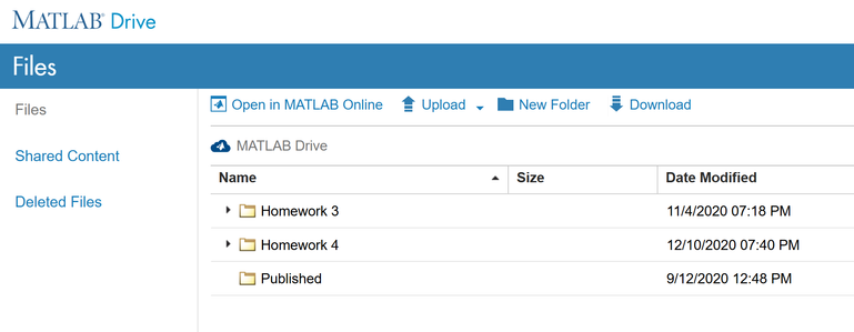 Screenshot of my MATLAB Drive files, showcasing homework folders last modified in November and December 2020