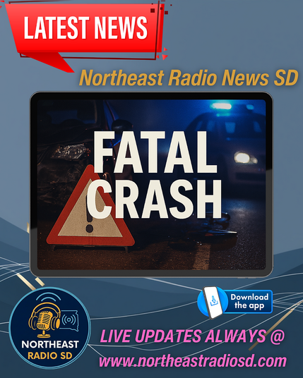 Red alert banner with "Latest News" and "Fatal Crash" text over a dark road scene with police lights. Northeast Radio News SD updates.