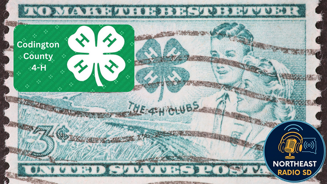 Vintage 3-cent stamp features a boy and girl, 4-H clover, and text "The 4-H Clubs." Green logo: "Codington County 4-H." Emblem: "Northeast Radio SD."