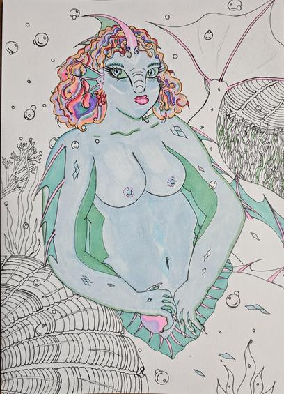 The image depicts a fantastical underwater scene featuring a mermaid-like creature. The creature has a pale blue skin tone and is adorned with vibrant, curly hair in shades of pink, purple, and orange. It has a prominent, elongated nose and large, expressive eyes. The creature's body is partially covered with green and pink scales, and it has a tail with a fin-like structure. Its hands are clasped together, holding a pink and purple pearl. The background includes bubbles, seaweed, and a shellfish-like creature, enhancing the underwater ambiance. The overall style is a mix of watercolor and ink, with a whimsical and imaginative quality.