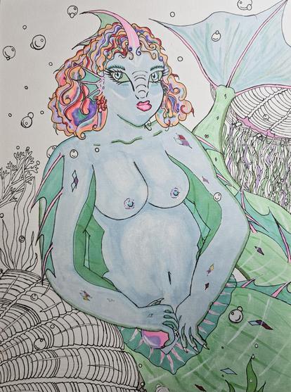 The image depicts a mermaid-like figure with a blue skin tone and a green tail. She has curly, multicolored hair with shades of pink, orange, and purple, and a pink horn-like protrusion on her forehead which appears to be a kind of head crest possibly for swimming accuracy. Her eyes are large and green, and she has a serene expression. The mermaid is seated on a shell-like structure, with her hands resting on her lap, holding a pink and purple pearl. Her tail features intricate patterns and a large fin. The background includes bubbles and underwater plants, enhancing the aquatic theme. The mermaid's body is adorned with small, colorful markings, and her tail has a detailed design with green and pink hues