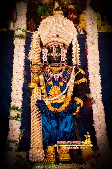 Closeup of Hindu deity Krishna standing dressed in bright blue; wearing a dome shaped crown made of pearls and holding a pearl-covered staff in right hand; wearing gold shoes, gold palm coverings, lots of gold ornaments including a large necklace made of gold coins, and a short string of white flowers shoulder-shoulder. A thick string of white flowers hangs down on either side of Krishna.