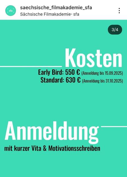 Ein Instagram-Beitrag, der eine weitere Folie in einem Karussell darstellt. Der Hintergrund ist in einem hellen Türkis gehalten. Oben steht in großer, weißer Schrift "Kosten". Darunter sind die Kursgebühren in schwarzer Schrift aufgeführt: "Early Bird: 550 € (Anmeldung bis 15.09.2025)" und "Standard: 630 € (Anmeldung bis 31.10.2025)". Unten steht in großer, weißer Schrift "Anmeldung", und darunter, in kleinerer schwarzer Schrift, "mit kurzer Vita & Motivationsschreiben".