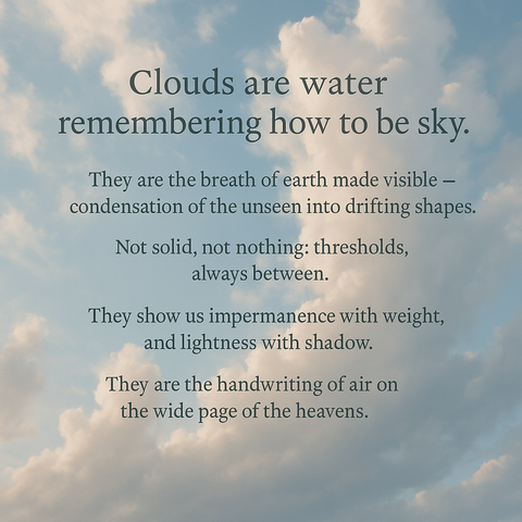 A pale blue sky with soft, sunlit clouds serves as a background for centered poetic text in an elegant font. The text reads:

Clouds are water
remembering how to be sky.

They are the breath of earth made visible — condensation of the unseen into drifting shapes.

Not solid, not nothing: thresholds,
always between.

They show us impermanence with weight,
and lightness with shadow.

They are the handwriting of air on
the wide page of the heavens.