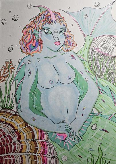 The image depicts a mermaid-like figure with a blue skin tone, leaning on a large, colorful shell. The mermaid has a fish tail with green and pink hues, and her hair is curly and multicolored, featuring shades of pink, purple, and orange. Her eyes are large and expressive, with secondary lateral eyelids shaded with a hint of green, and she has a pink mouth. The mermaid's body is adorned with small, colorful scales, and she is holding a pink and purple pearl in her hands. Surrounding her are various underwater elements, including seaweed, bubbles, and a shellfish-like creature with a pink tongue. The background is filled with green and blue tones, enhancing the underwater theme.