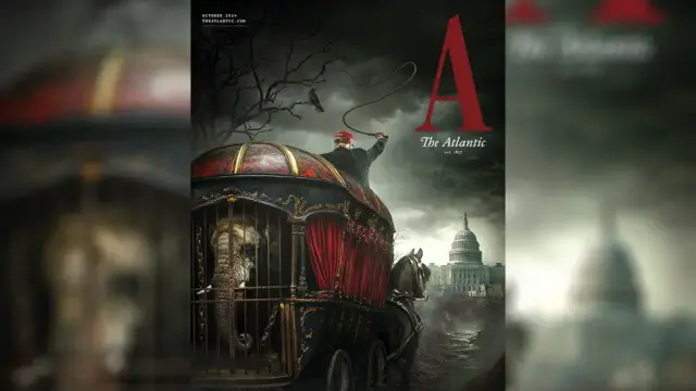 Trump in a red cap sits  high on the front of a horse-drawn circus wagon, whipping the horses forward.
The bars of the back door of the wagon show the Republican elephant captured and under Trump's control. The sky is dark and ominous with the dome of The Capitol visible a mile ahead. It is the destination of Trump's circus wagon.

Graphic from The Atlantic, issue October 2024.

Something Wicked This Way Comes