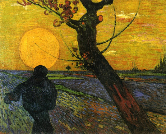 "Depicts a lone, faceless peasant figure sowing seeds in a field under a radiant, halo-like setting sun, symbolizing the eternal cycle of life, labor, and hope through energetic brushwork and bold, expressive colours like blue-violet fields and a vibrant yellow sky."