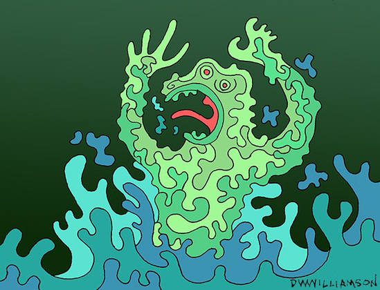 A horrible squiggly monster leaps out of the squiggly depths. 