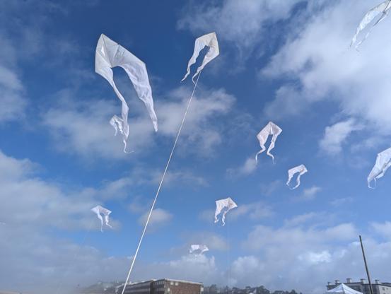 White ghost pyro kites flying against a blue, cloud specked sky