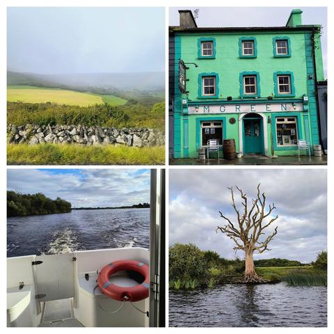Zu sehen ist eine Collage von 4 Bildern. 
Bild 1 eine neblige Landschaft am Morgen 
Bild 2 das M.Green Pub in Kinvara
Bild 3 Blick,hinten aus dem Hausboot auf den Shanon 
Bild 4 ein abgestorbener großer Baum.am Shannon