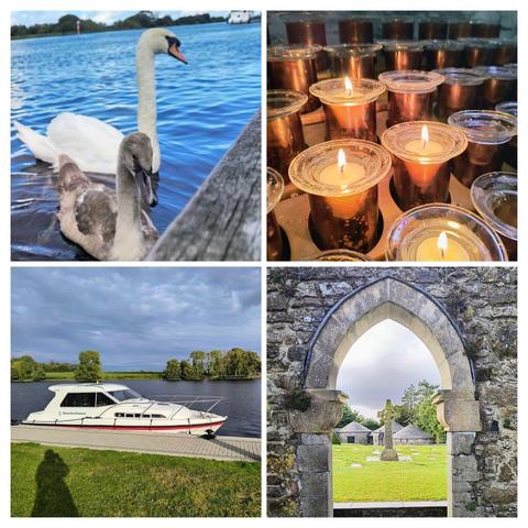 Zu sehen ist eine Collage von 4 Bildern. 
Bild 1 ein Schwan mit seinem Kücken an einem Steg
Bild 2 brennende Opferkerzen in einer Kirche
Bild 3 das Hausboot am Meelick Quay 
Bild 4 blick durch ein gotisches Fenster einer Ruine auf ein celtic-cross