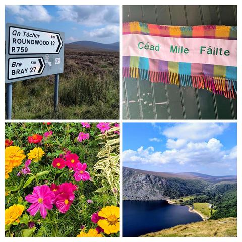 Zu sehen ist eine Collage von 4 Bildern. 
Bild 1 eine karge Landschaft mit ei em Verkehrsschild: nach Roundwood 12 km, nach Bray 27 km
Bild 2 ein bunter  Schal in einem Schaufenster mit der Aufschrift Céad mile fáilte 
Bild 3 ein buntes Blumenbeet
Bild 4 von oben einen dunklen See mit einem weißen Strand (Der Guinness See)