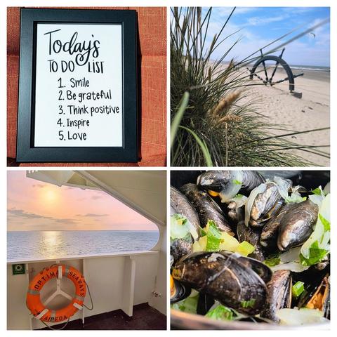 Zu sehen ist eine Collage von 4 Bildern. 
Bild 1 ein Bilderrahmen mit einer "Todays to do list 1. Smile 2. Be graetfull 3.think positive 4. Inspire 5. Love
Bild 2 ein Kunstwerk am Strand, ein halbes Steuerrad eines Schiffs 
Bild 3 ein Sonnenuntergang auf dem Meer fotografiert von der Fähre
Bild 4 Ein Muschelgericht mit Kräutern
