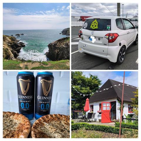 Zu sehen ist eine Collage von 4 Bildern. 
Bild 1 eine Meeresbucht in Irland mit Klippen links und rechts, einer grünen Bucht vorne und im Hinteren Teil türkisfarbenes Meer, dass schäumend am Strand ankommt
Bild 2 Der Aixam von hinten am Hafen 
Bild 3 zwei Dosen Guinness 0,0 davor zwei gefüllte Teigtaschen 
Bild 4 ein weißes, reetgedwcktws Cottage mit roter Tür und roten Fensterrahmen