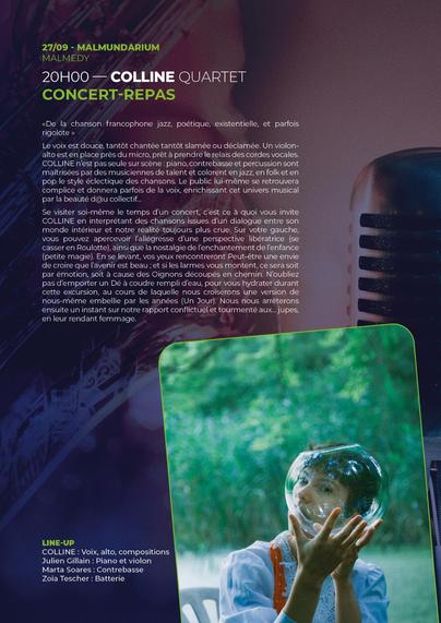 Affiche du concert du 27 septembre à Malmedy, fonc bleu/violet/orange. Photo de COLLINE qui tient un bocal rond et vide devant sa tête, sur un fond vert. Ol porte une chemise blanche et des bretelles orange. Le texte de présentation commence par "De la chanson francophone jazz, poétique, existentielle, et parfois rigolote". Plus d'infos dans le lien dans le texte.
