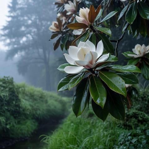 An illustration of a large white flor a tree in the lowlands