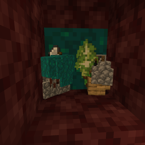A pile of items are packed into a small hole in netherrack.