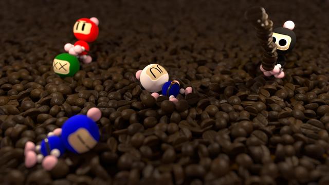 The bombers hanging out coffee beans. Green buried to the neck, Red pulling him out by the antenna, Blue asleep as always, White making coffee angles, and Black precariously carrying a stack.